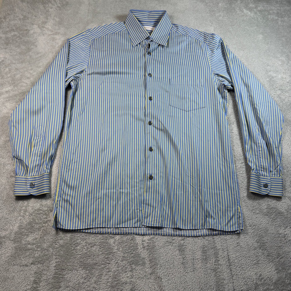 Ermenegildo Zegna Button Down Shirt Men Large Blue Yellow Striped Long Sleeve